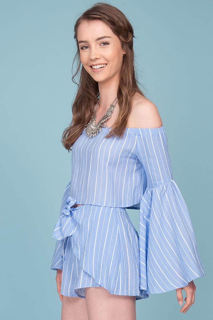 Blaine Bell Sleeve Off The Shoulder Pinstripe Top Blue