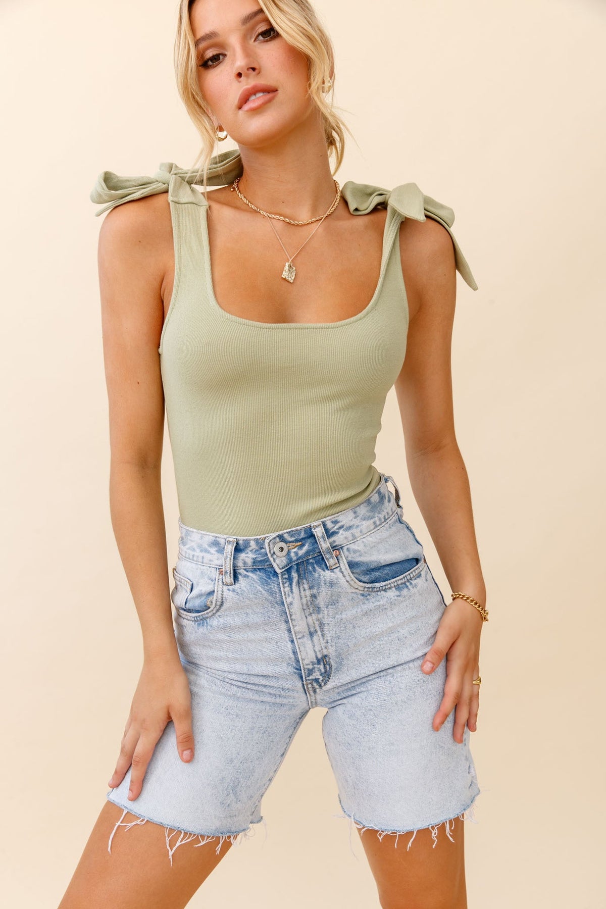 Can't Stop Me Bow Shoulder Bodysuit Moss Green