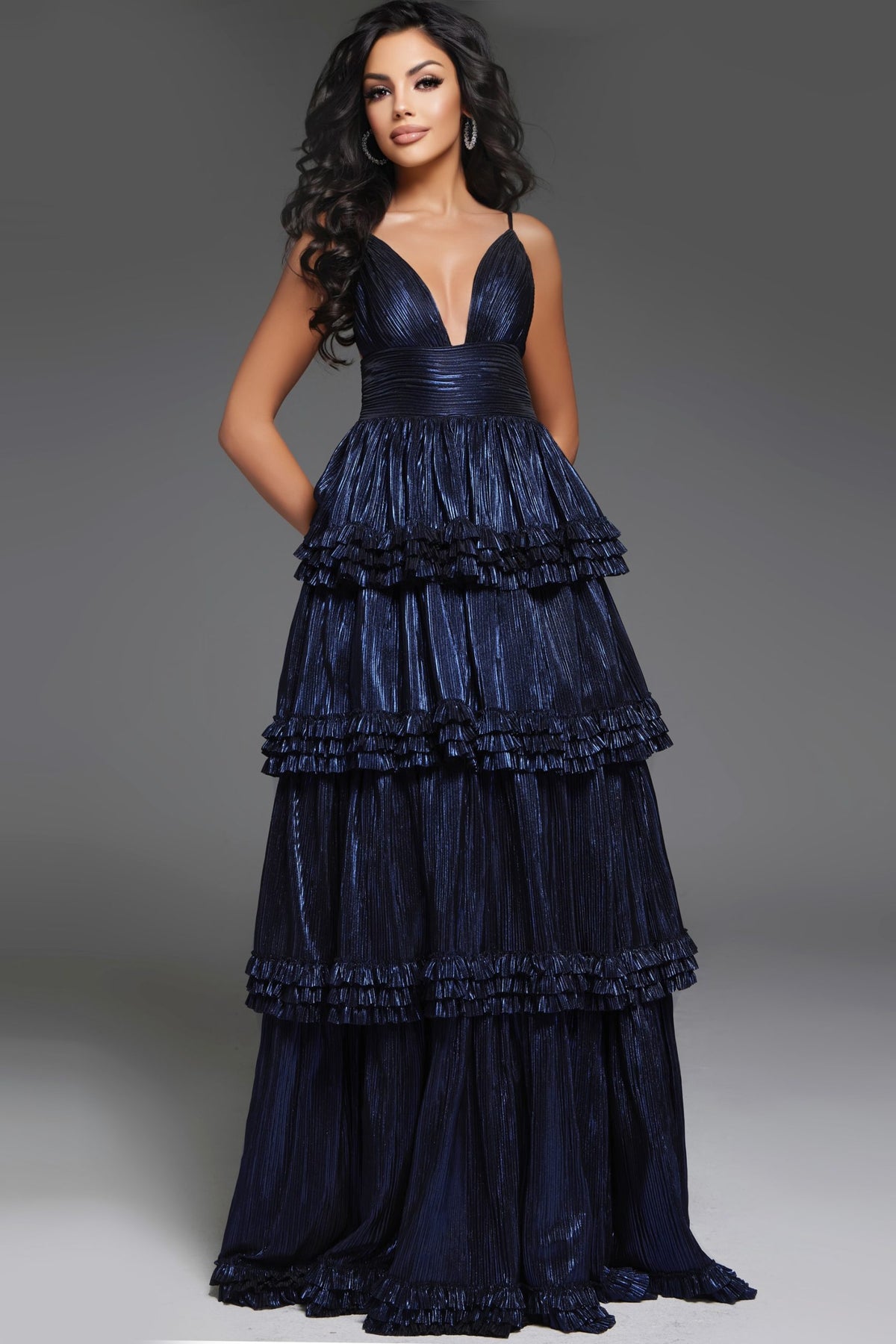 Jovani 38296 Formal Tiered Metallic Long Ball Gown Prom Dress
