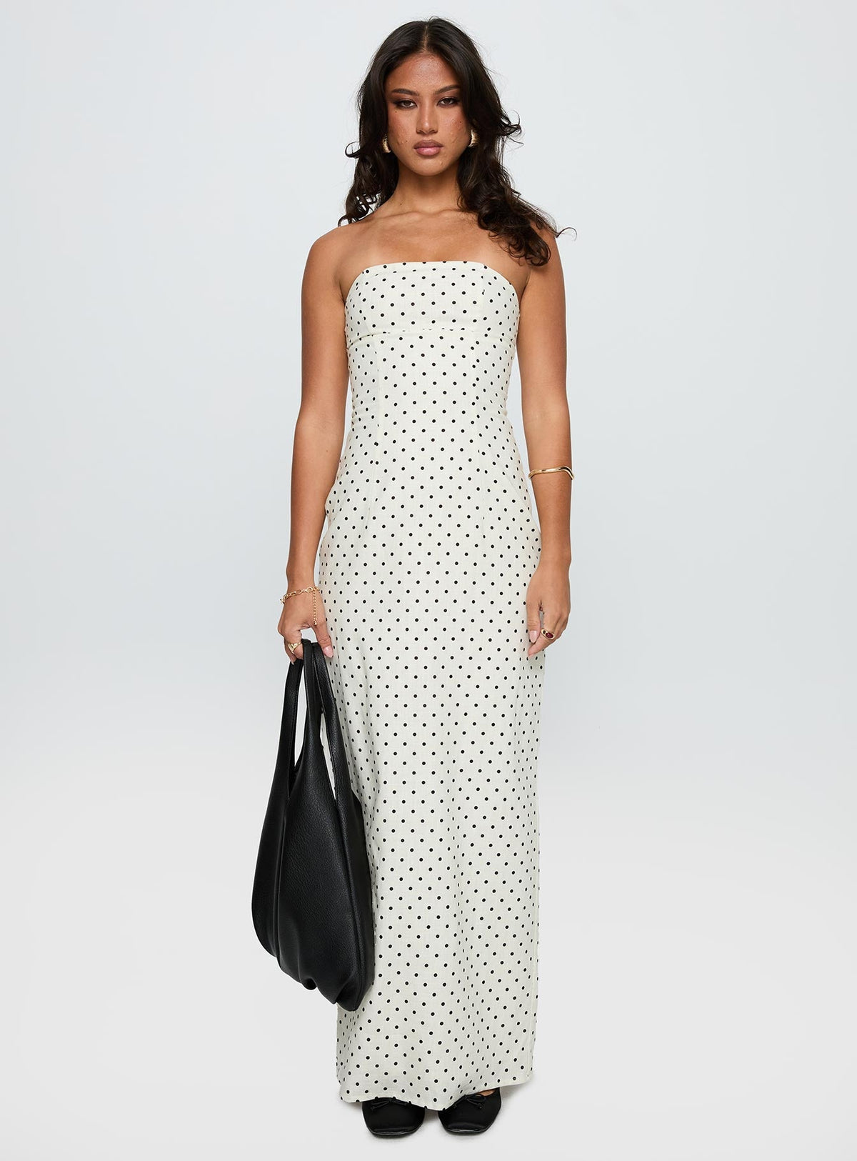 Dovie Linen Blend Strapless Midi Dress Cream Polka