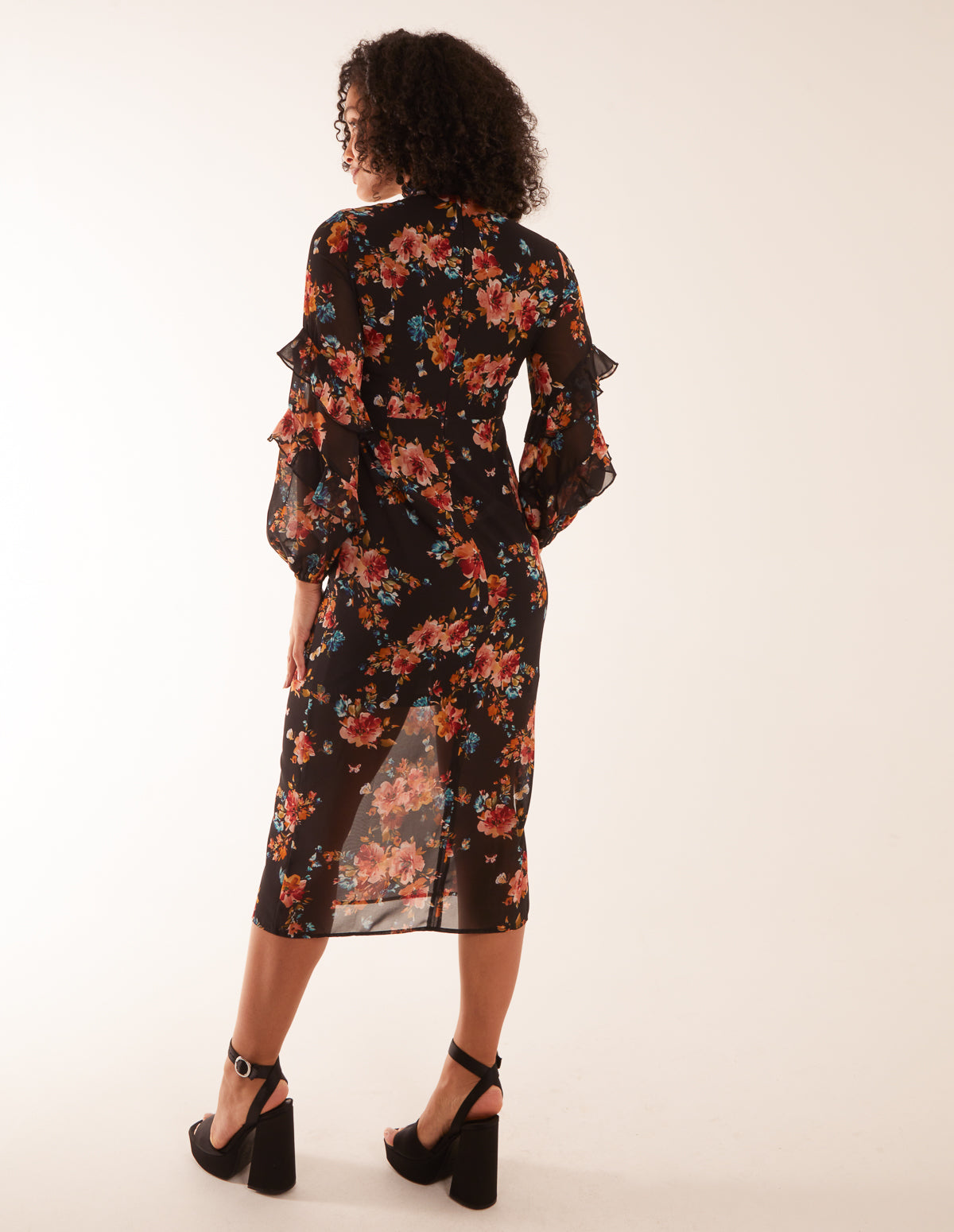 Floral Printed High Neck Midi Dress With Frill Sleeve Details