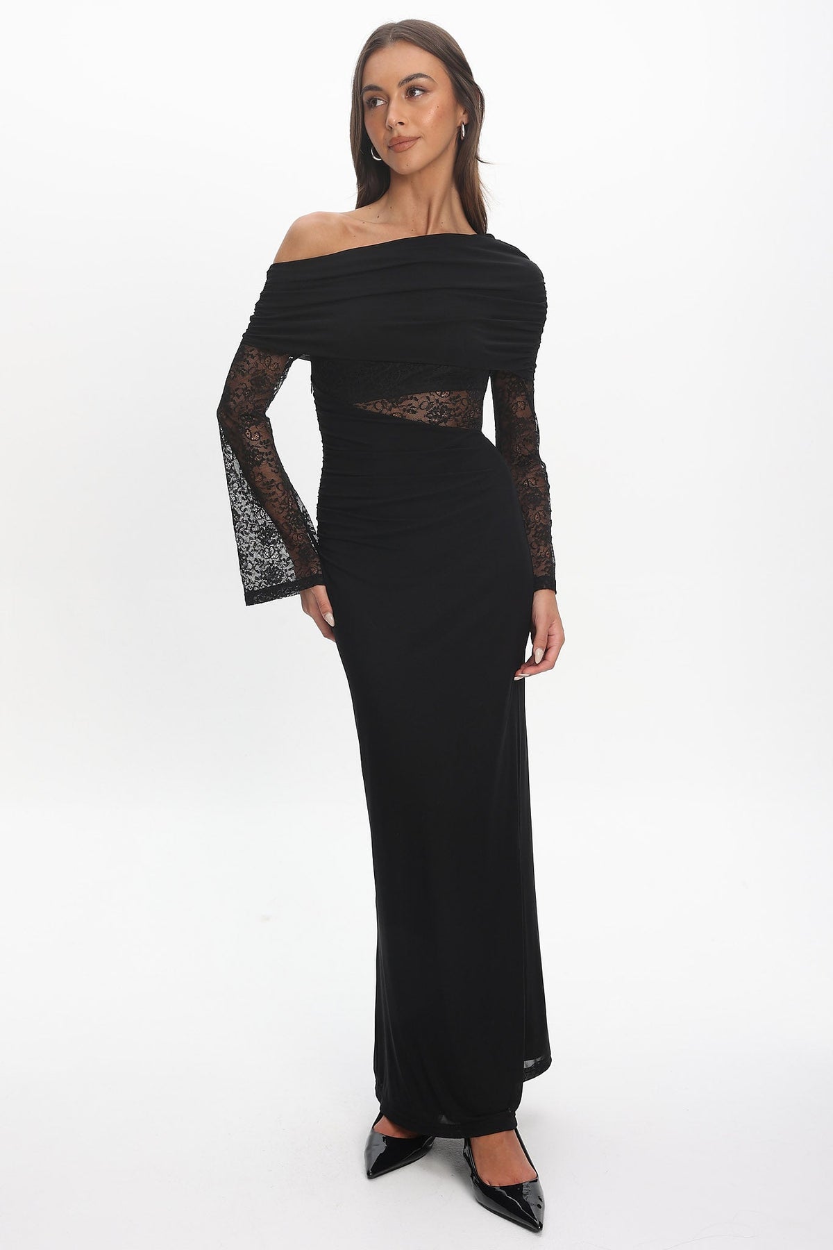 Alivya Asymmetric Neckline Lace Trim Maxi Dress Black