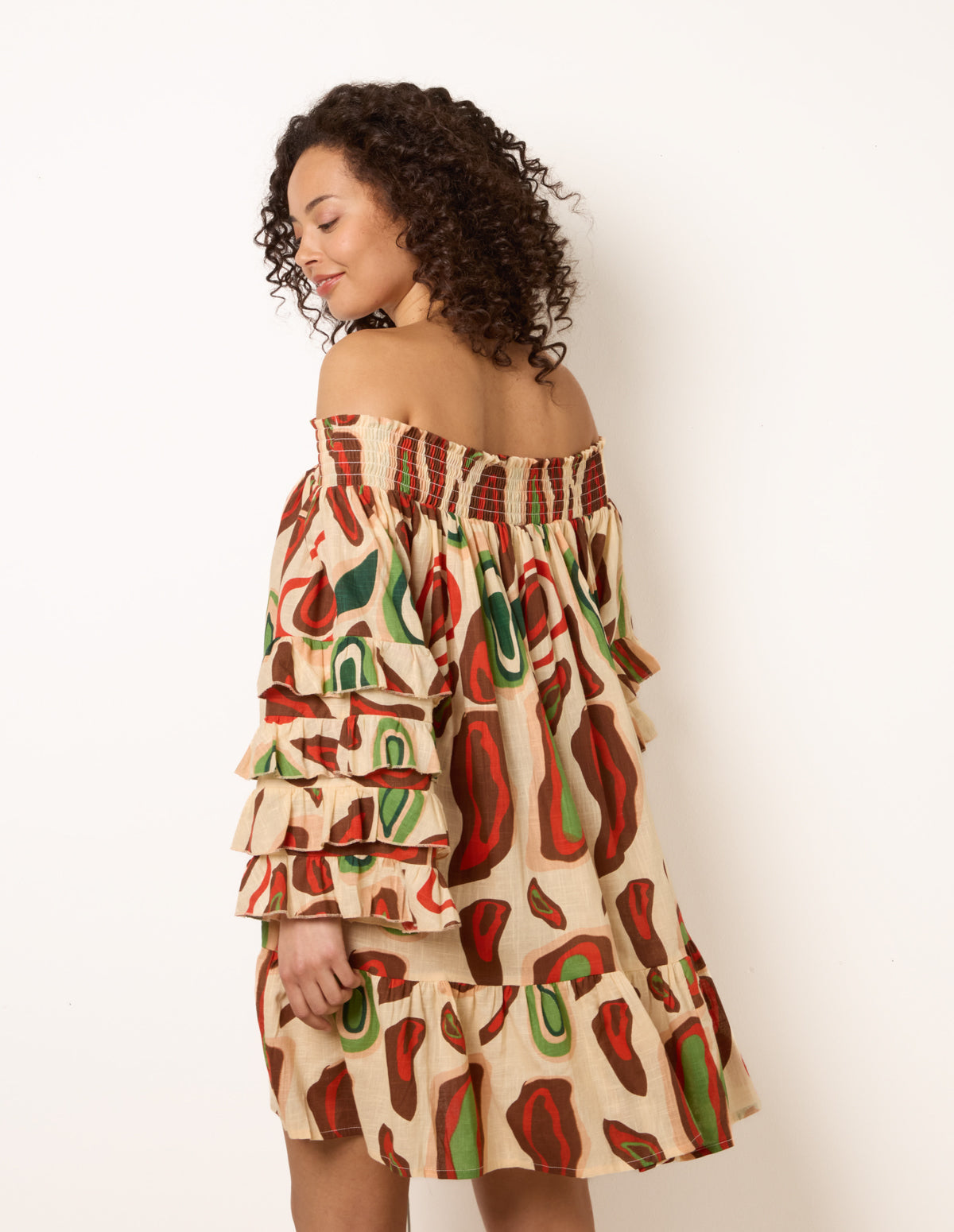 Printed Frill Sleeve Bardot Off Shoulder Tunic Dress