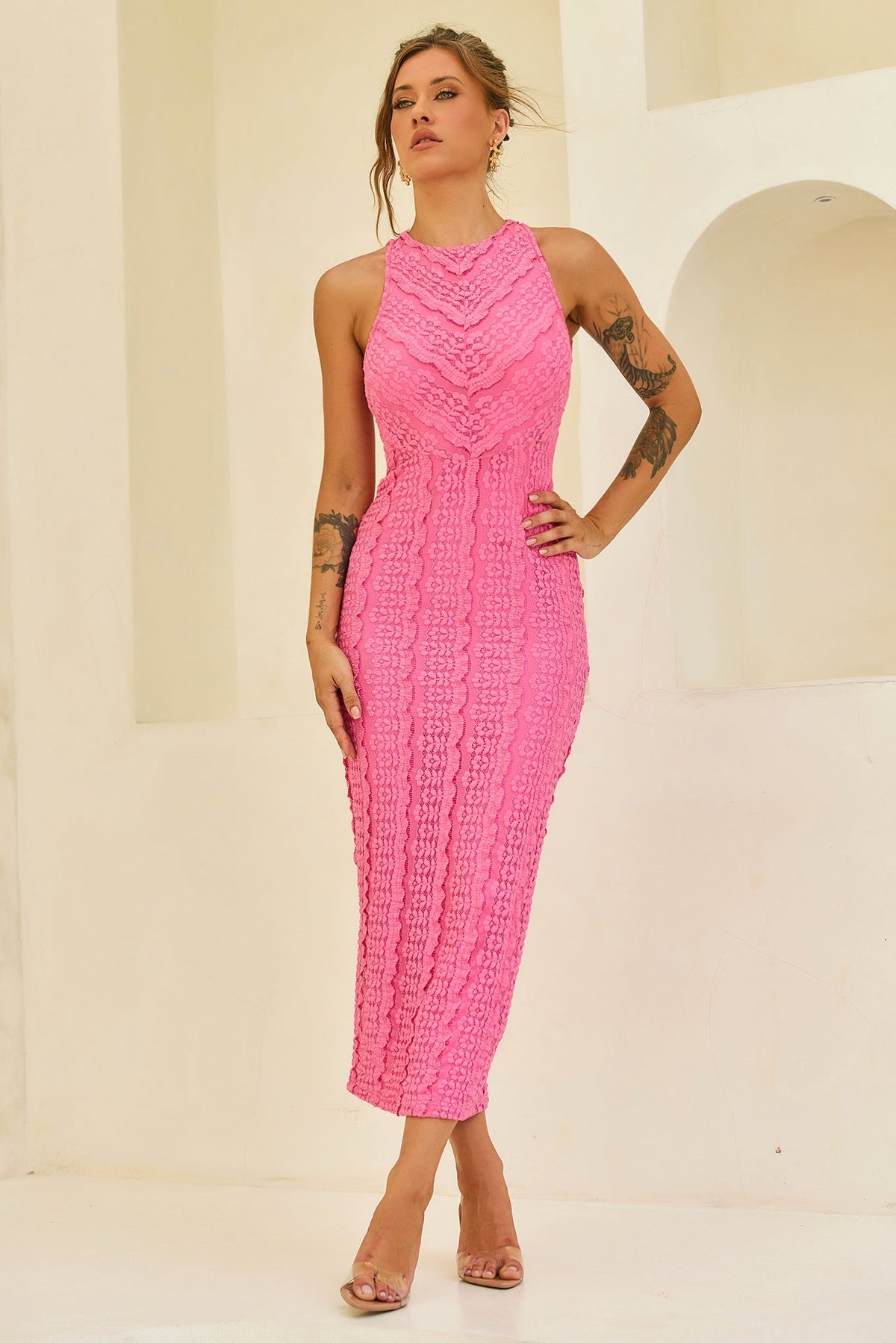 She's The Flame Lace Midi Dress - Pink