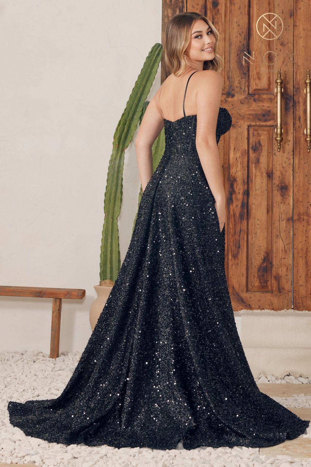 Nox Anabel A1241 Long Spaghetti Strap Sequin Prom Dress