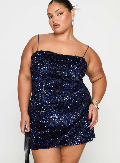 Layney Sequin Mini Dress Navy Curve