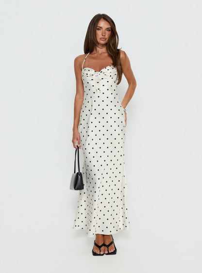 Costella Halter Satin Maxi Dress Cream Polka Dot