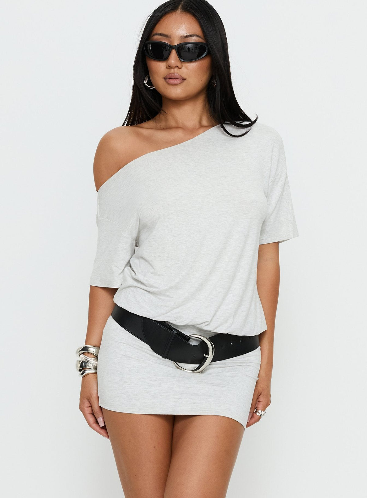 Ashlinn Off Shoulder Drapey Mini Dress Grey