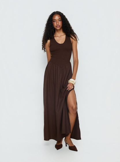 Highgate Drop Waist Pleat Detail Maxi Dress Chocolate