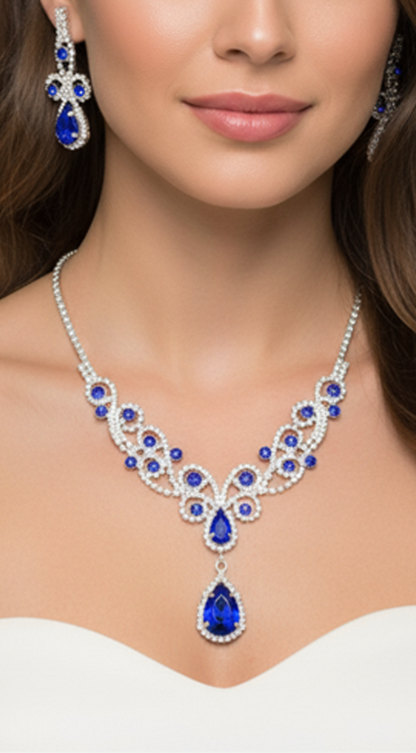Confidence Blue Teardrop Crystal Rhinestone Vine Drop Collar Necklace & Clip on Earrings Set