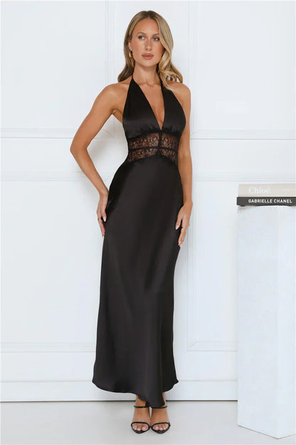 Ibiza Twilight Satin Lace Maxi Dress Rose