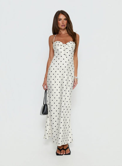 Costella Halter Satin Maxi Dress Cream Polka Dot