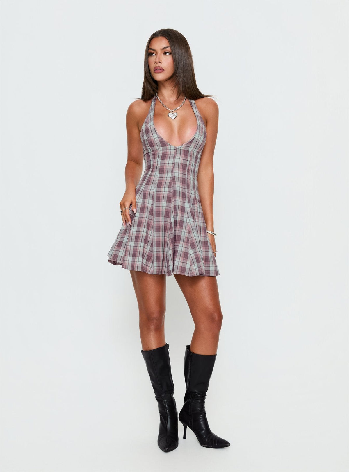 Out Of Nowhere Halter Mini Dress Burgundy / Pink Check