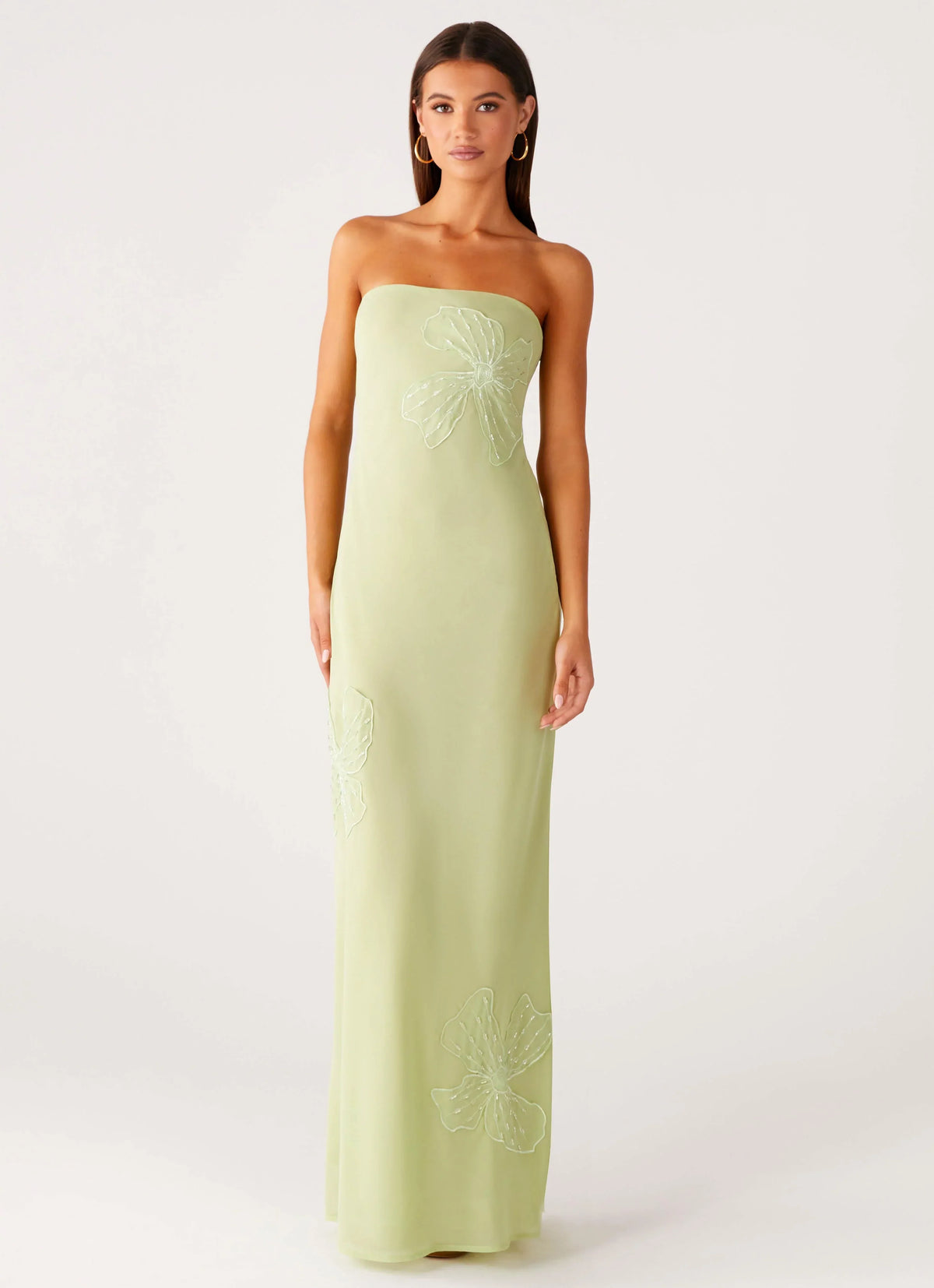 Sassafras Beaded Flower Strapless Maxi Dress - Lime