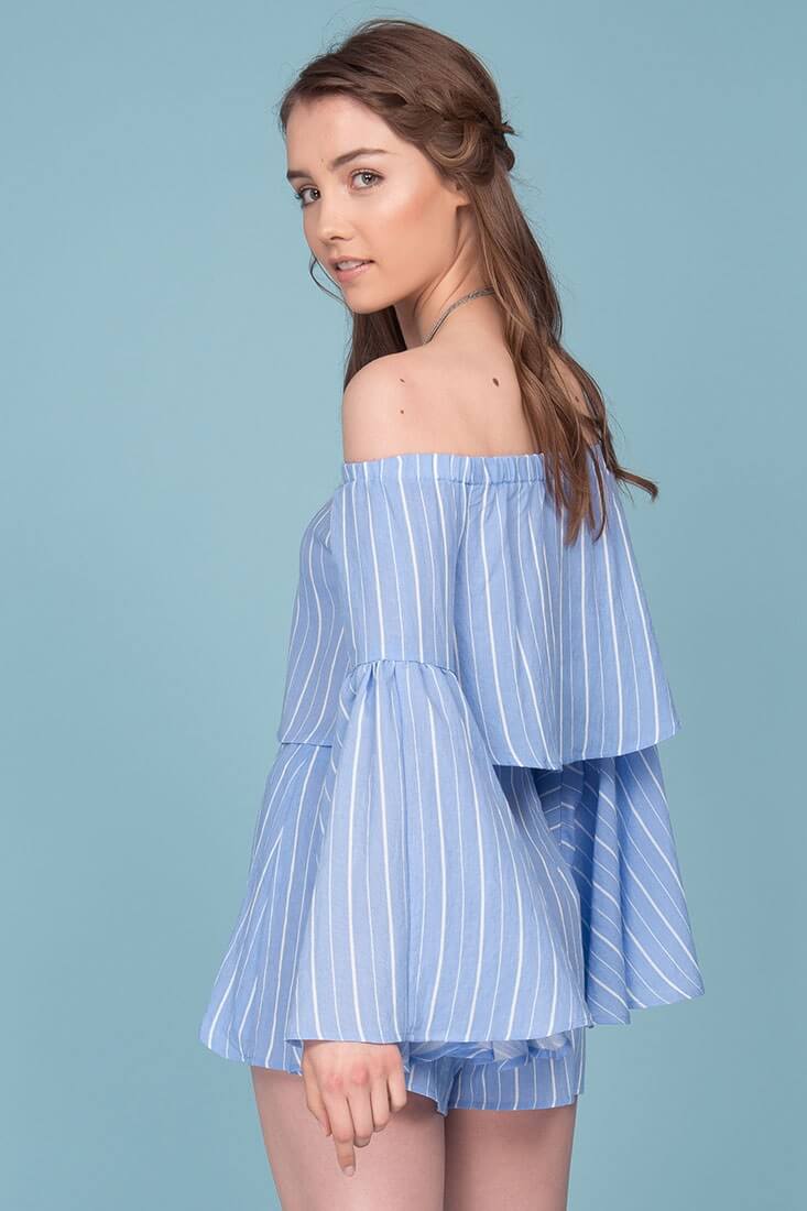 Blaine Bell Sleeve Off The Shoulder Pinstripe Top Blue