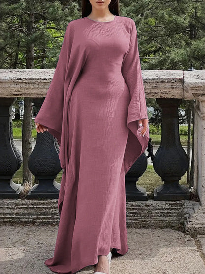 Round Neck Maxi Dress with Flowing Cape Sleeves