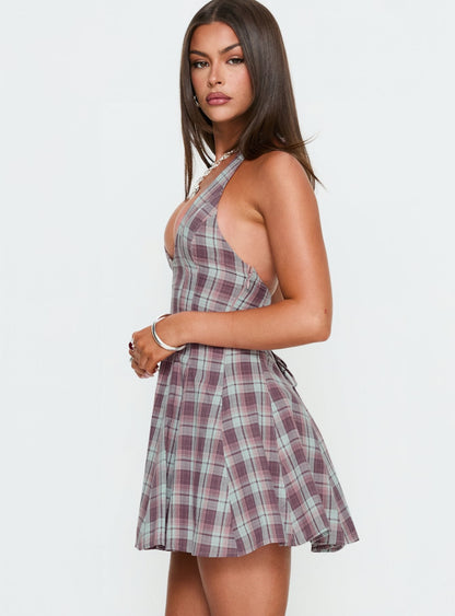 Out Of Nowhere Halter Mini Dress Burgundy / Pink Check