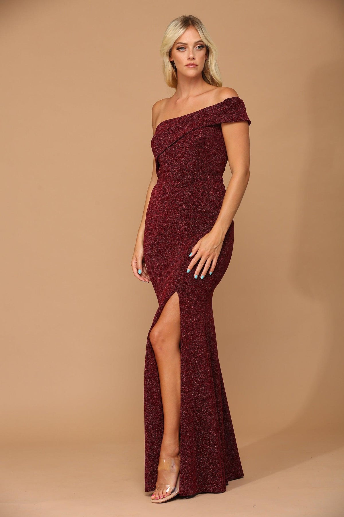 Long One Shoulder Formal Metallic Prom Dress