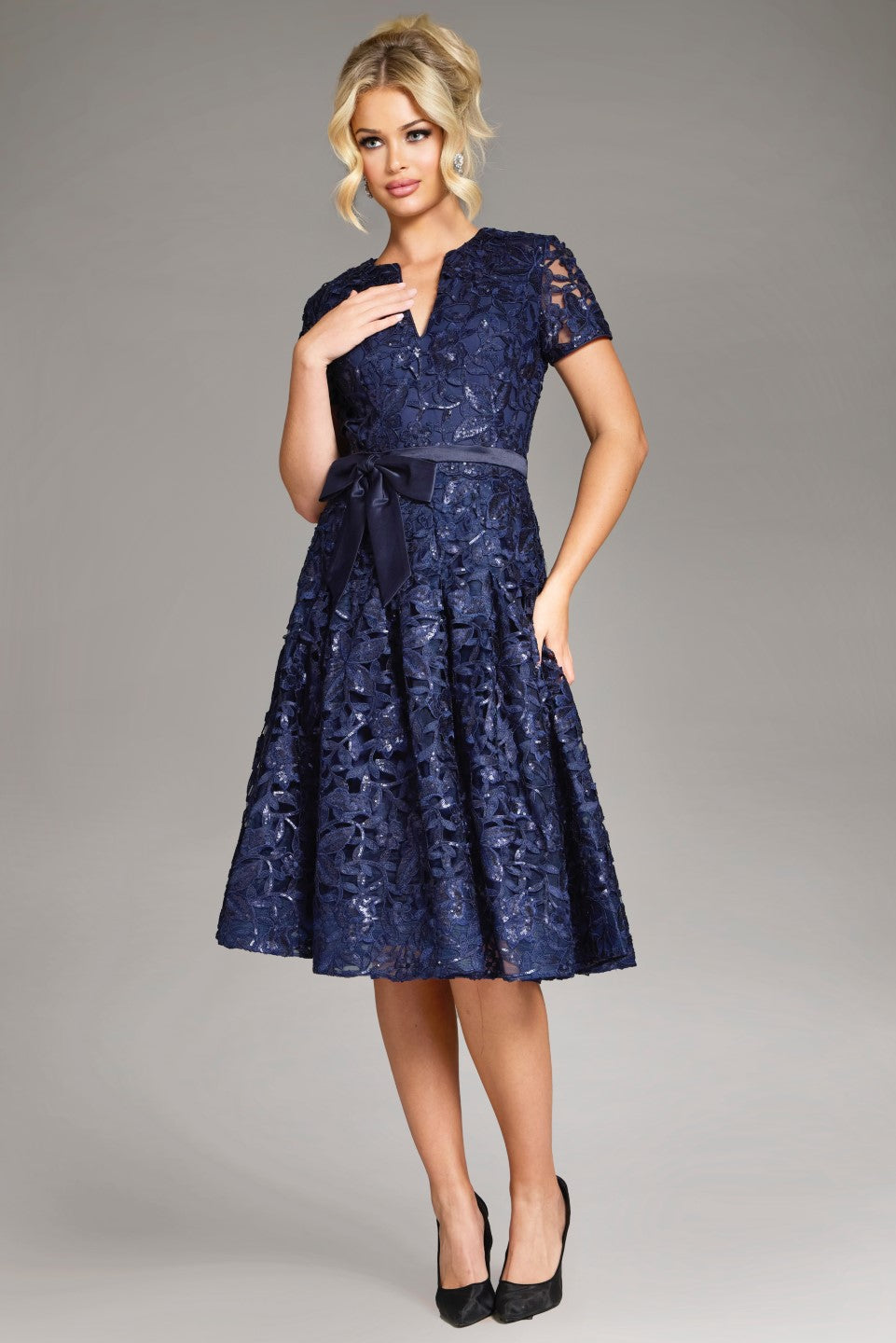 Jovani 39427 A Line Short Mother of the Bride Lace Tea Length Dress