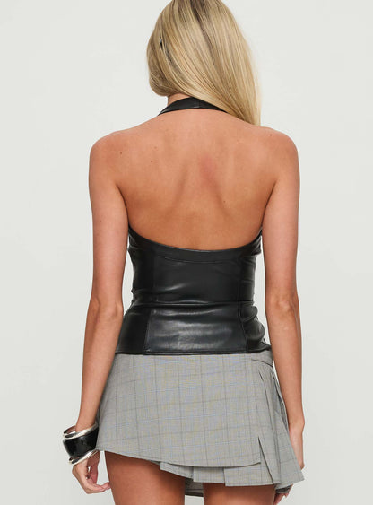 Thunderbolt Faux Leather Cowl Neck Top Black