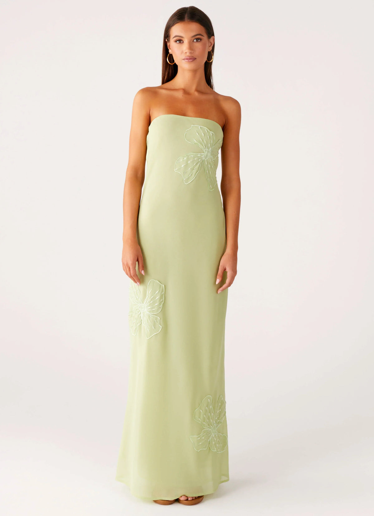 Sassafras Beaded Flower Strapless Maxi Dress - Lime
