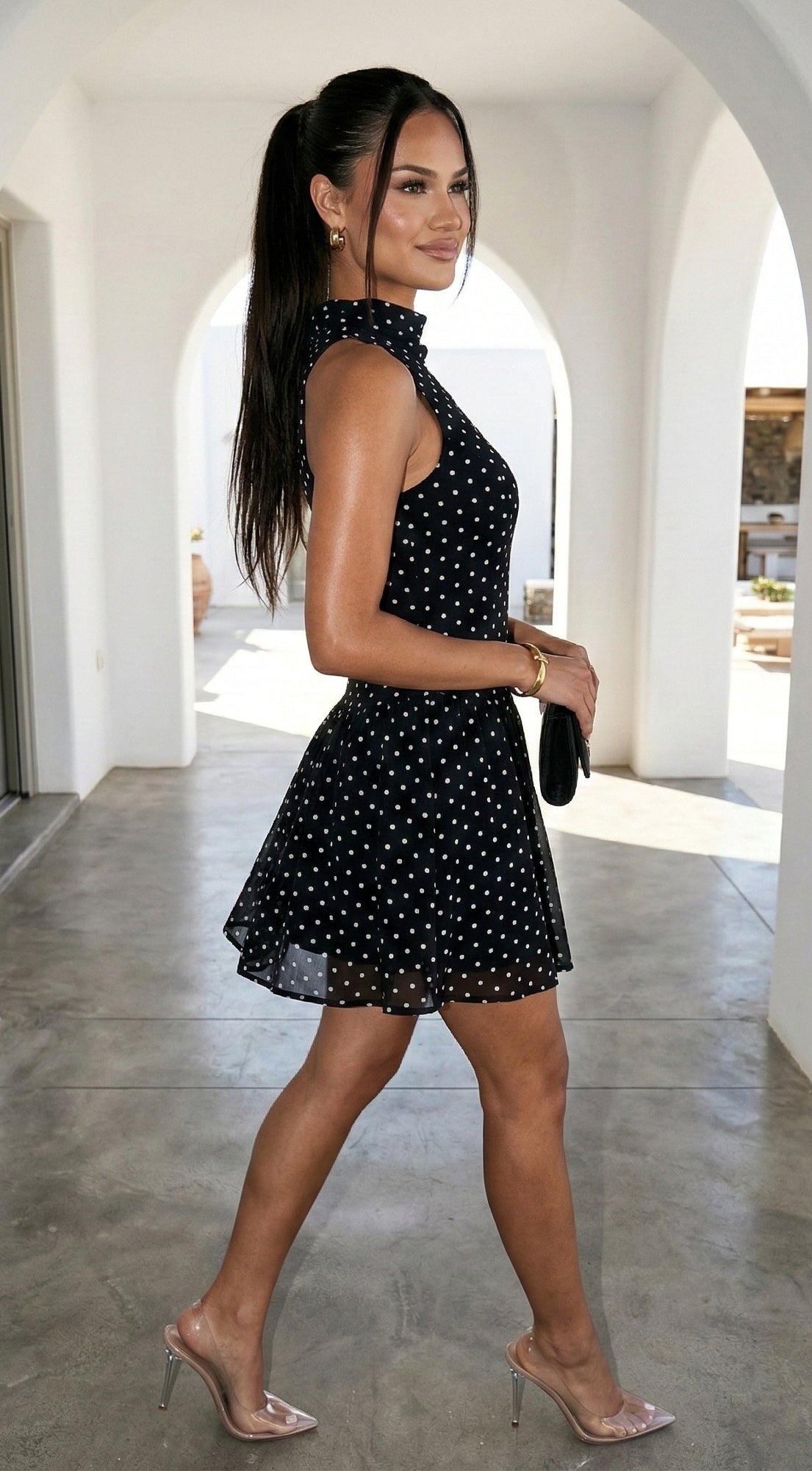 Colette Polka Dot High Neck Mini Dress - Black