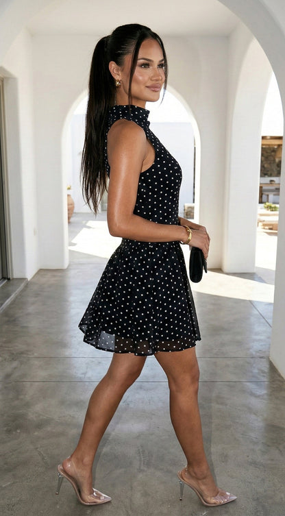 Colette Polka Dot High Neck Mini Dress - Black
