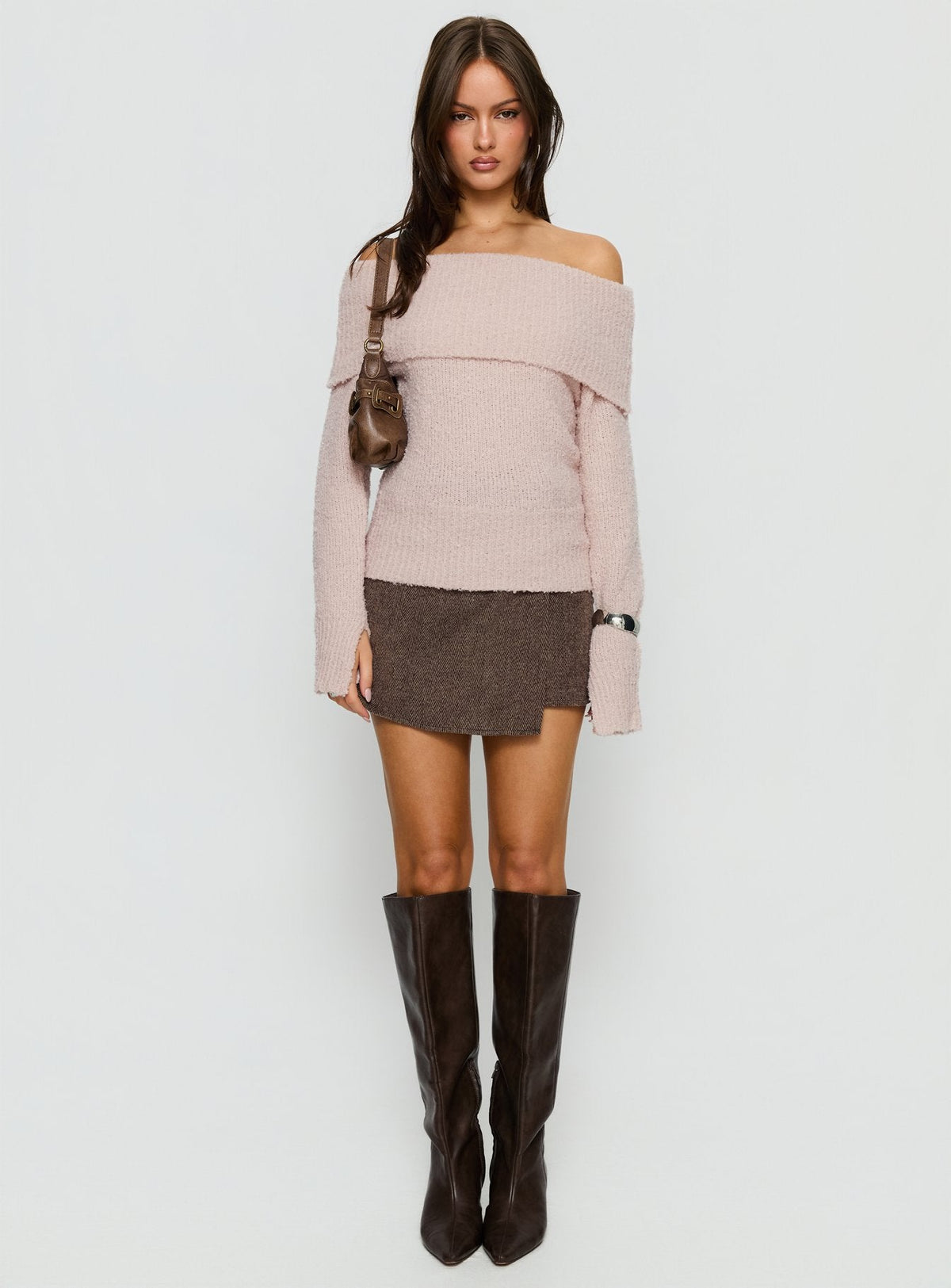 Adelyne Tweed Mini Skirt Brown