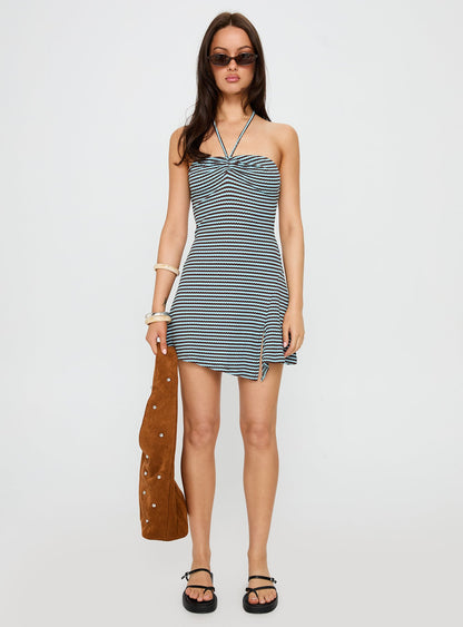 Knoxi Halter Jersey Mini Dress Blue / Brown Stripe