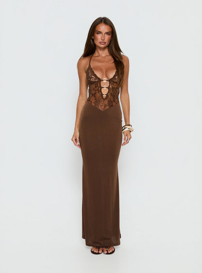 Totema Lace Halter Maxi Dress Chocolate