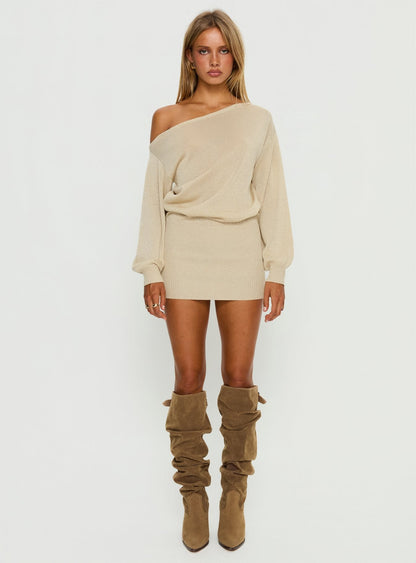 Johannah Off Shoulder Long Sleeve Knit Mini Dress Gold