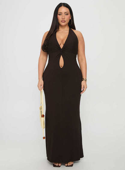 No Hard Feelings Twist Maxi Dress Brown Curve