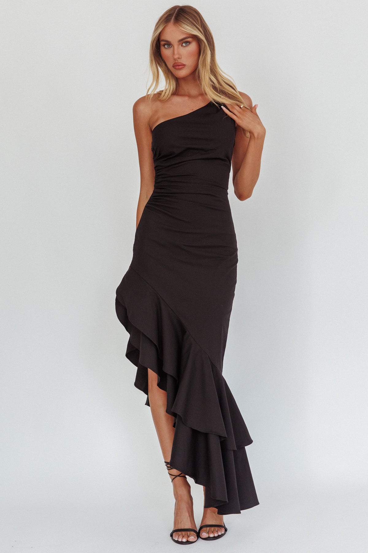 Bold Love One-Shoulder Asymmetric Hem Dress Black