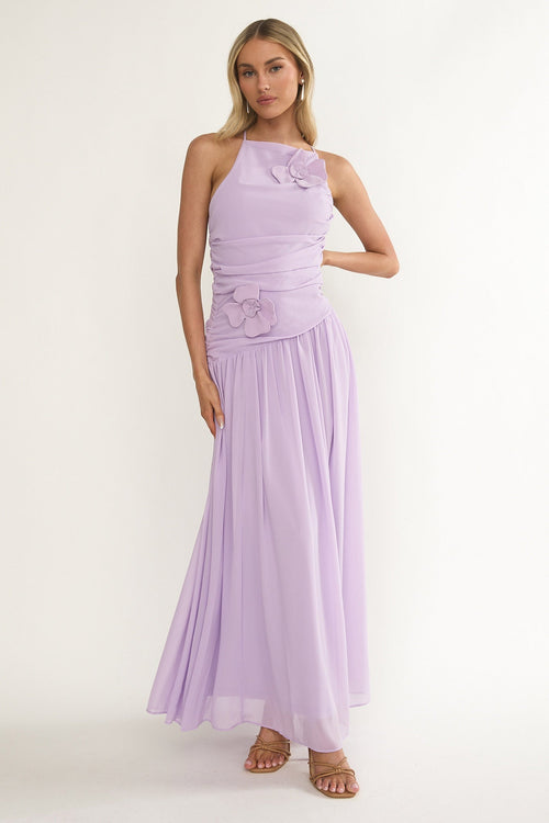 Brighten Drop Waist Flower Accent Maxi Dress Lilac