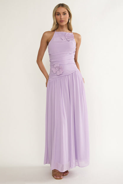 Brighten Drop Waist Flower Accent Maxi Dress Lilac