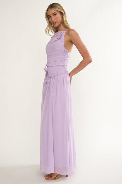 Brighten Drop Waist Flower Accent Maxi Dress Lilac