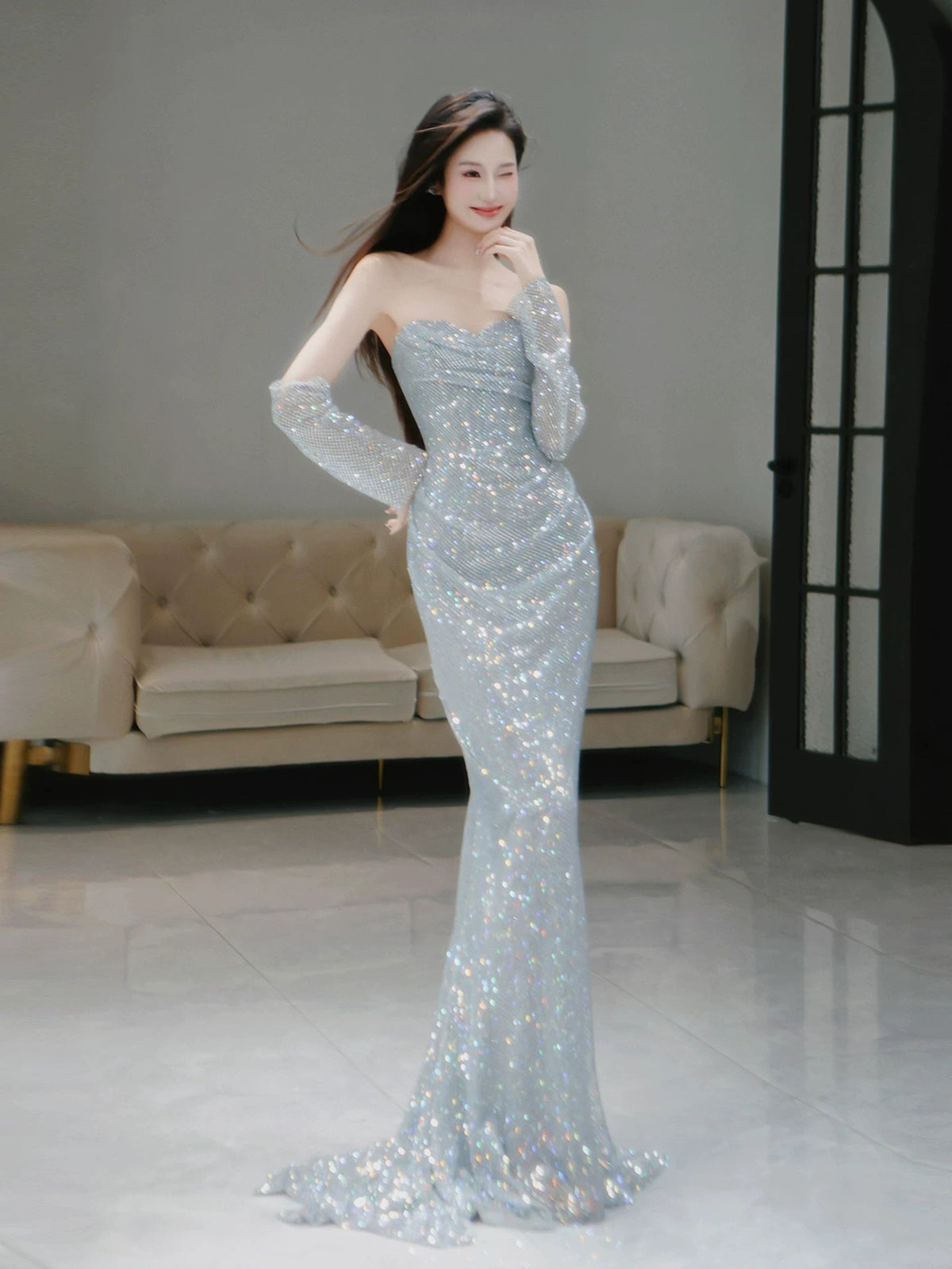 Glitter Mermaid Sweetheart Silver Gray Sequins With Gloves Prom Dresses Inspiration Long Night Outfits 18th Birthday Outfits AB2223