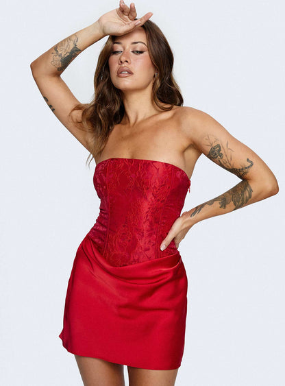 Jenevieve Strapless Drape Mini Dress Red