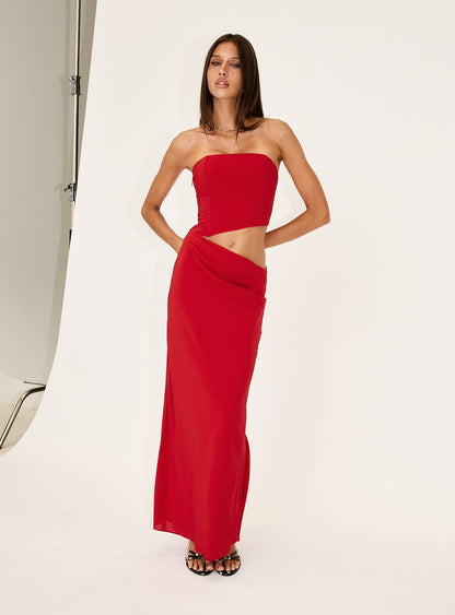 Jasira Strapless Drape Maxi Dress Bold Red