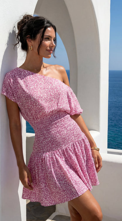 Posevia Ditsy Floral Off Shoulder Mini Dress - Pink