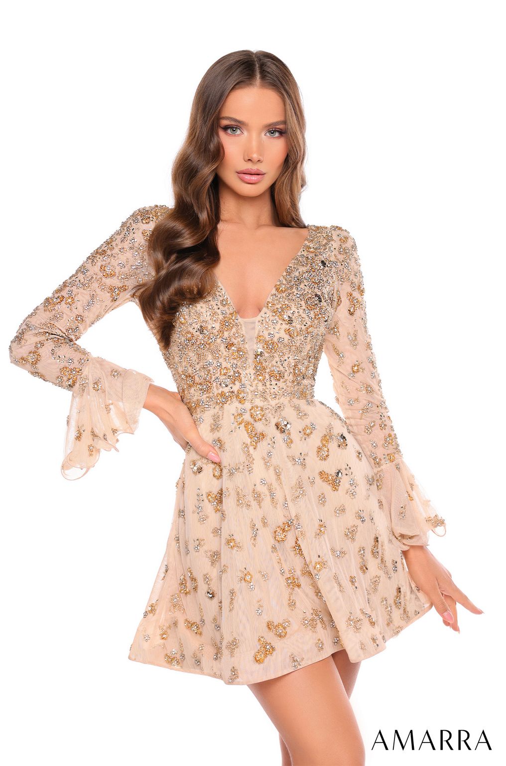Amarra 88032 A Line Short Homecoming Long Sleeve Cocktail Dress
