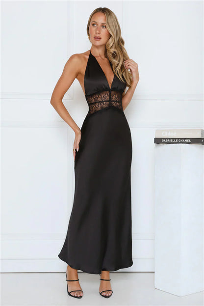 Ibiza Twilight Satin Lace Maxi Dress Rose