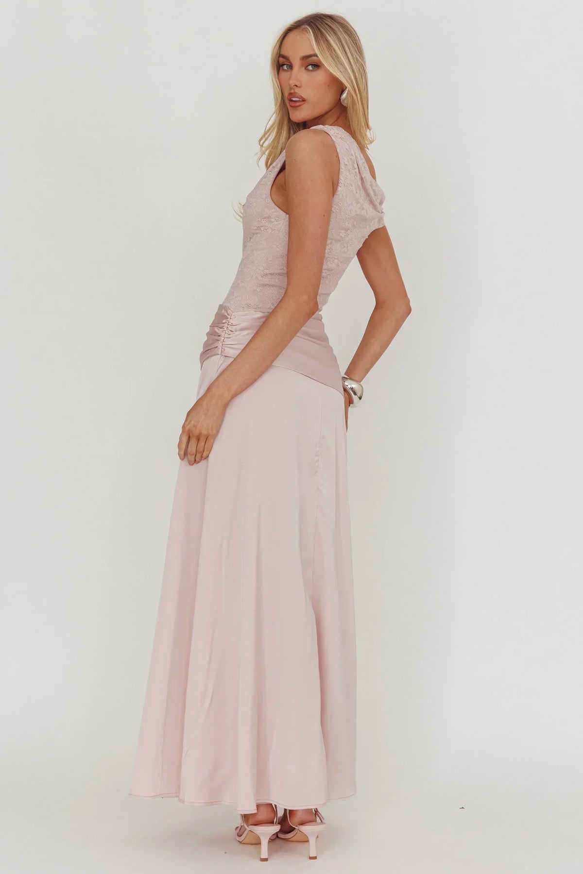 Diana Asymmetric Shoulder Pleat Waist Maxi Dress Blush