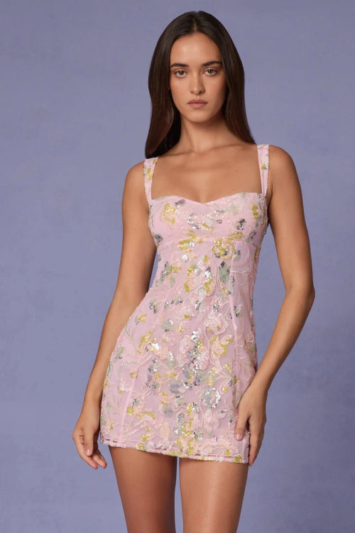 Embellished A-line Mini Dress in Soft Pink