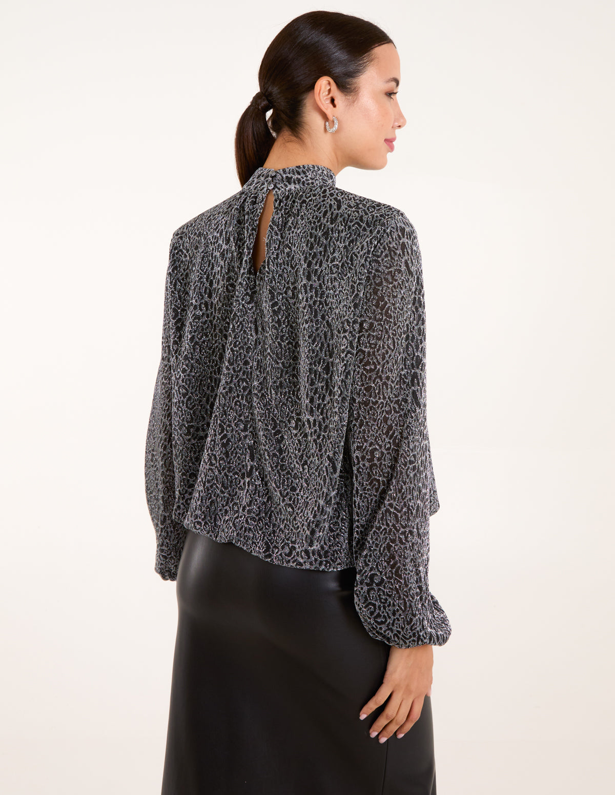 High Neck Puffball Hem Blouse