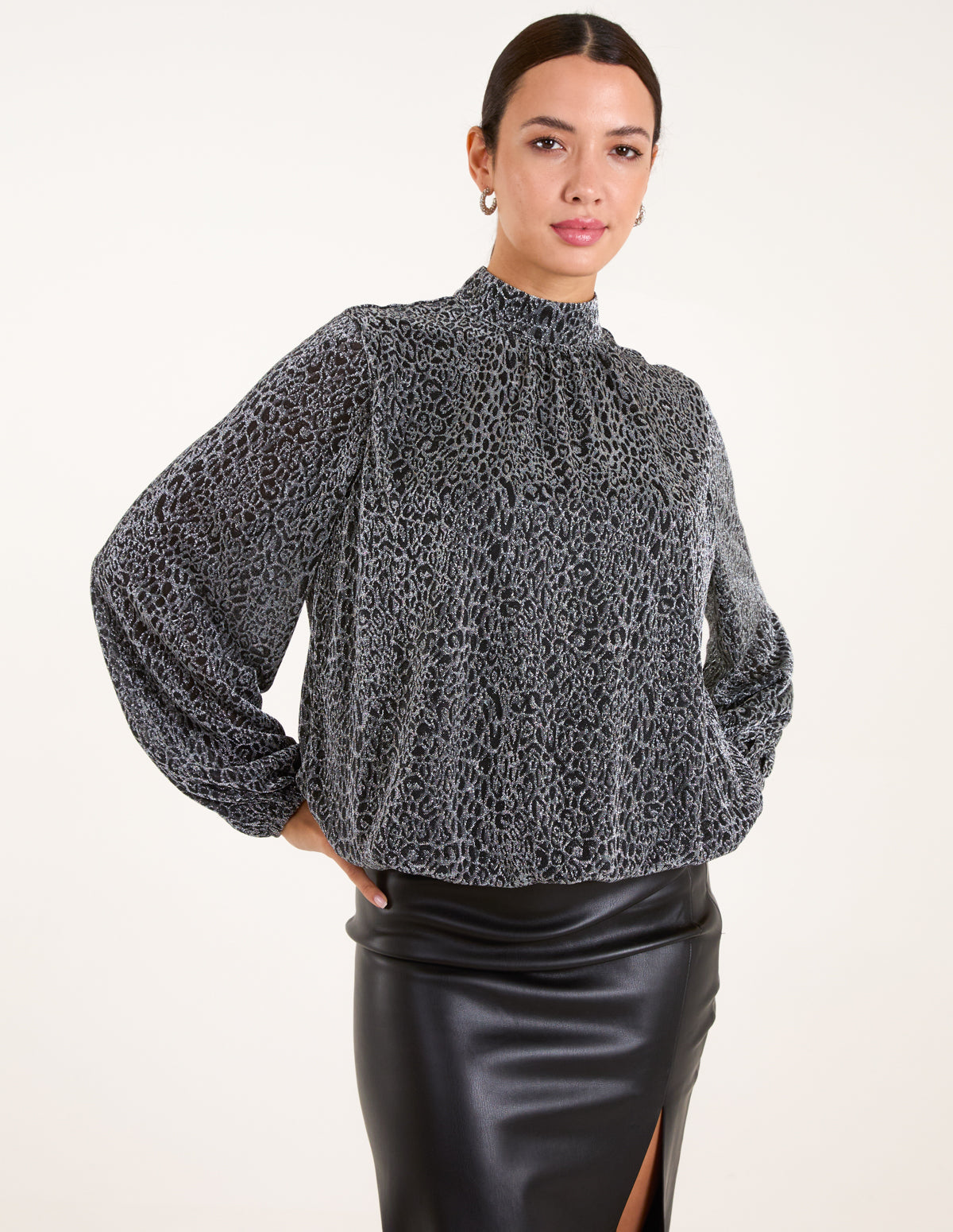 High Neck Puffball Hem Blouse