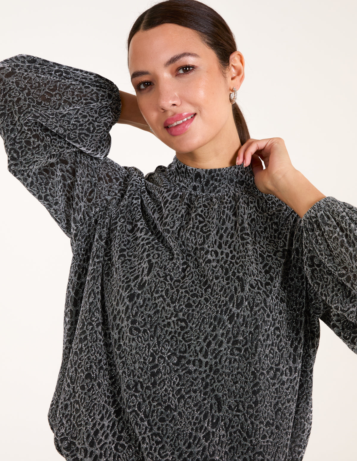 High Neck Puffball Hem Blouse