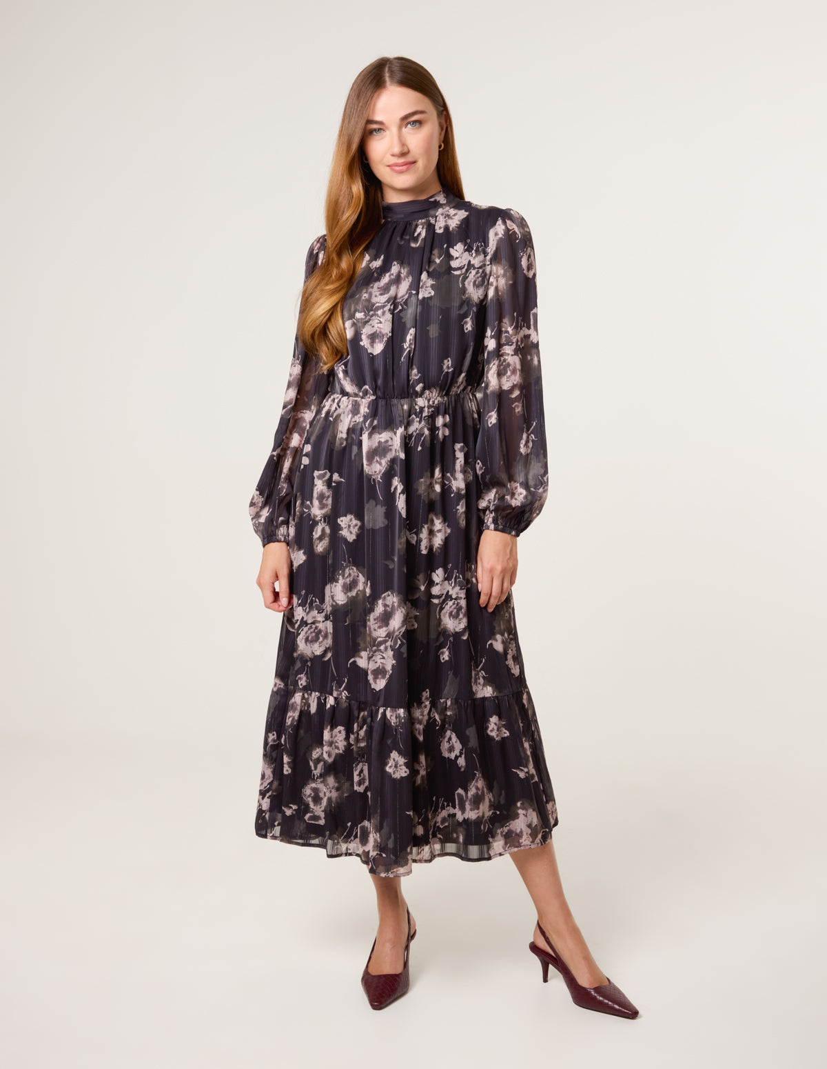 High Neck Floral Puffball Pleated Midi Dress