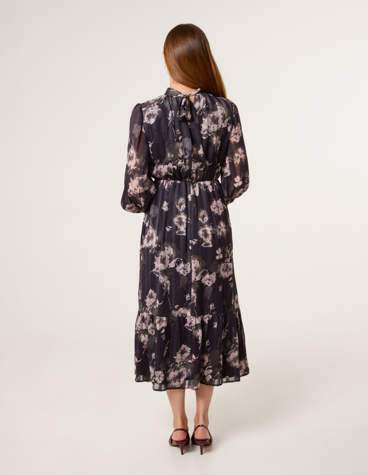 High Neck Floral Puffball Pleated Midi Dress