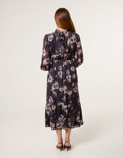 High Neck Floral Puffball Pleated Midi Dress